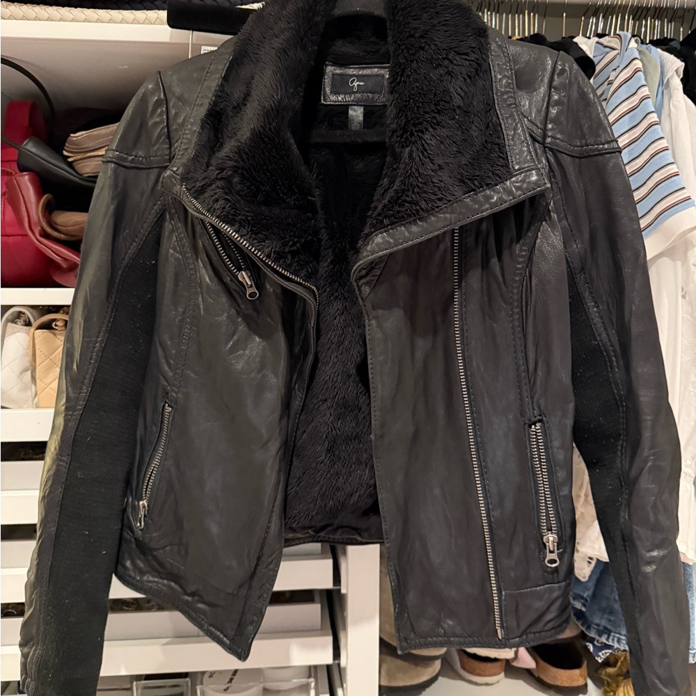 Aqua black leather jacket with faux fur lining